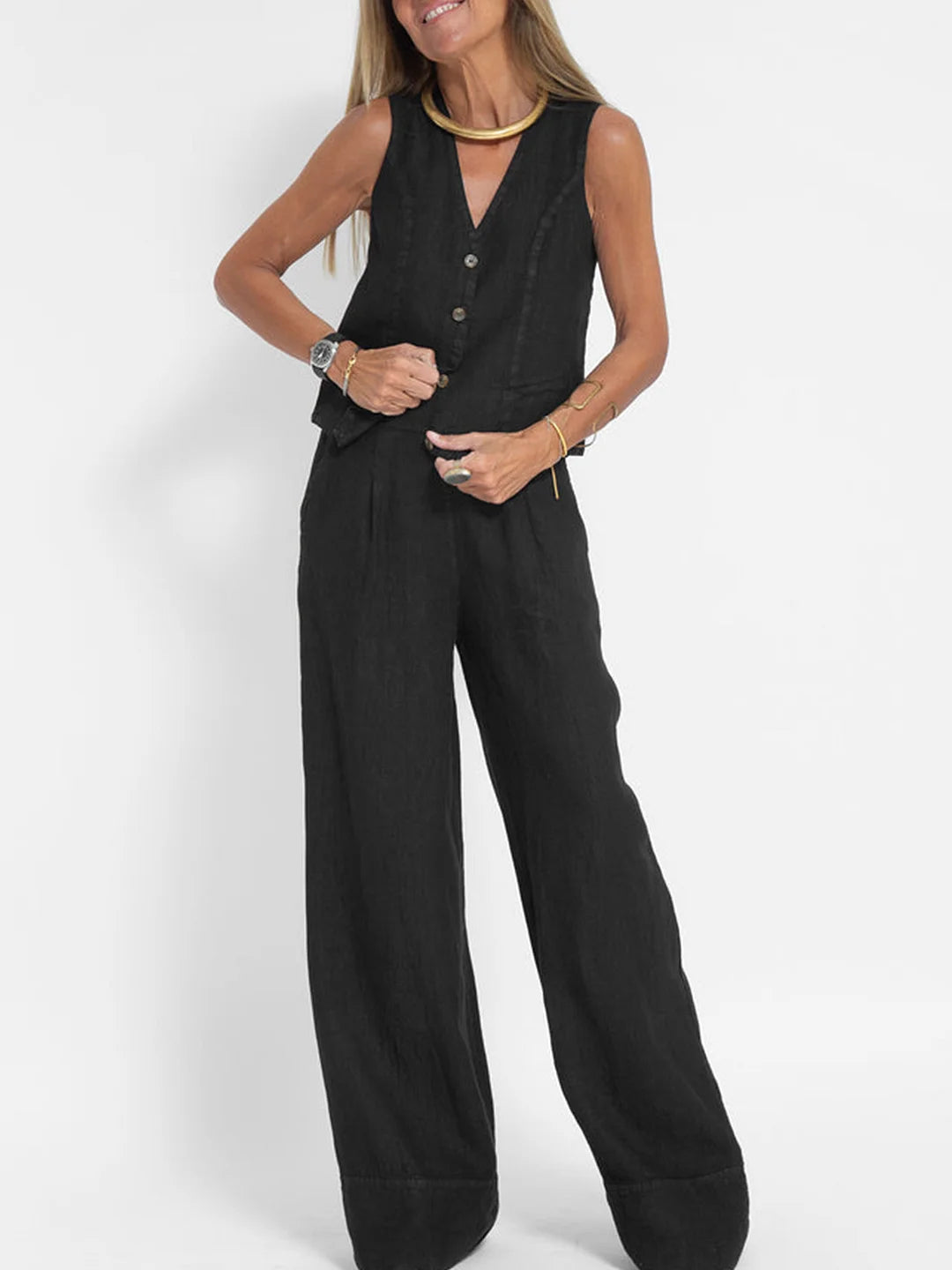 Lauren | Sleeveless V-Neck Vest & Wide-Leg Pants Set