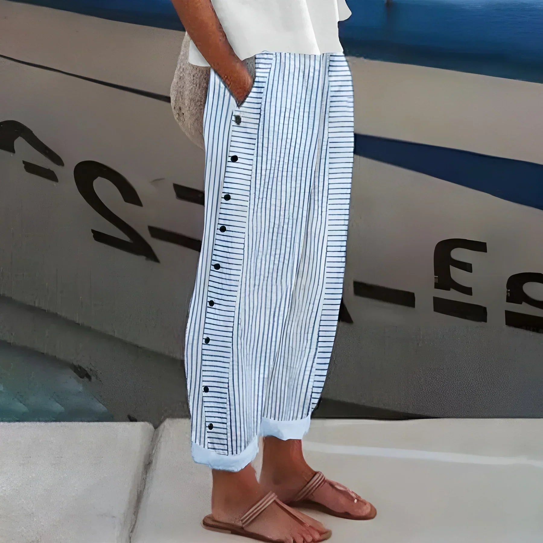 Kendall | Lightweight Stripe Buttoned Trousers