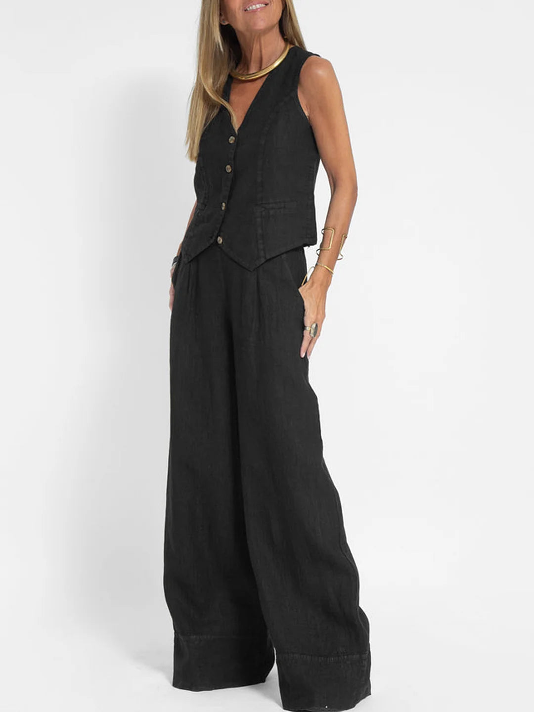 Lauren | Sleeveless V-Neck Vest & Wide-Leg Pants Set