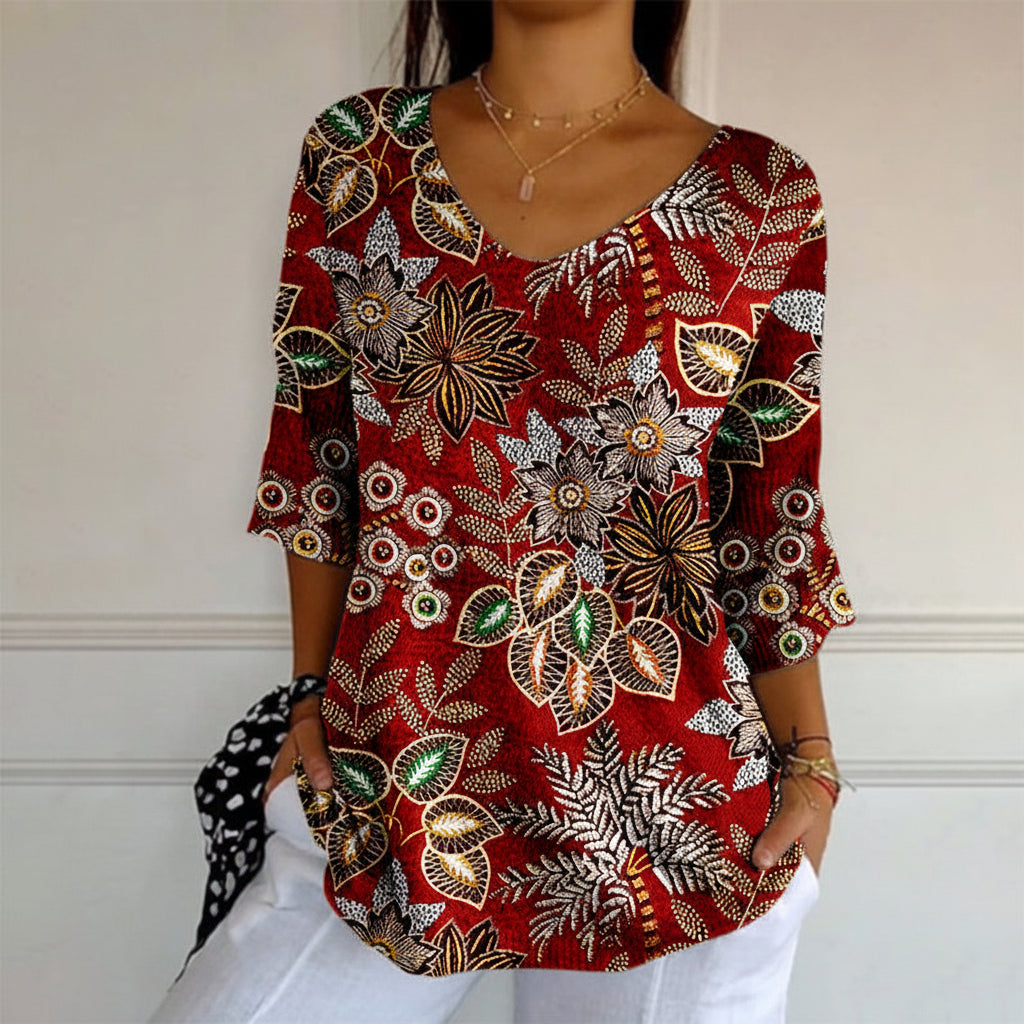 Vintage Leaf Print Long Sleeve T-Shirt